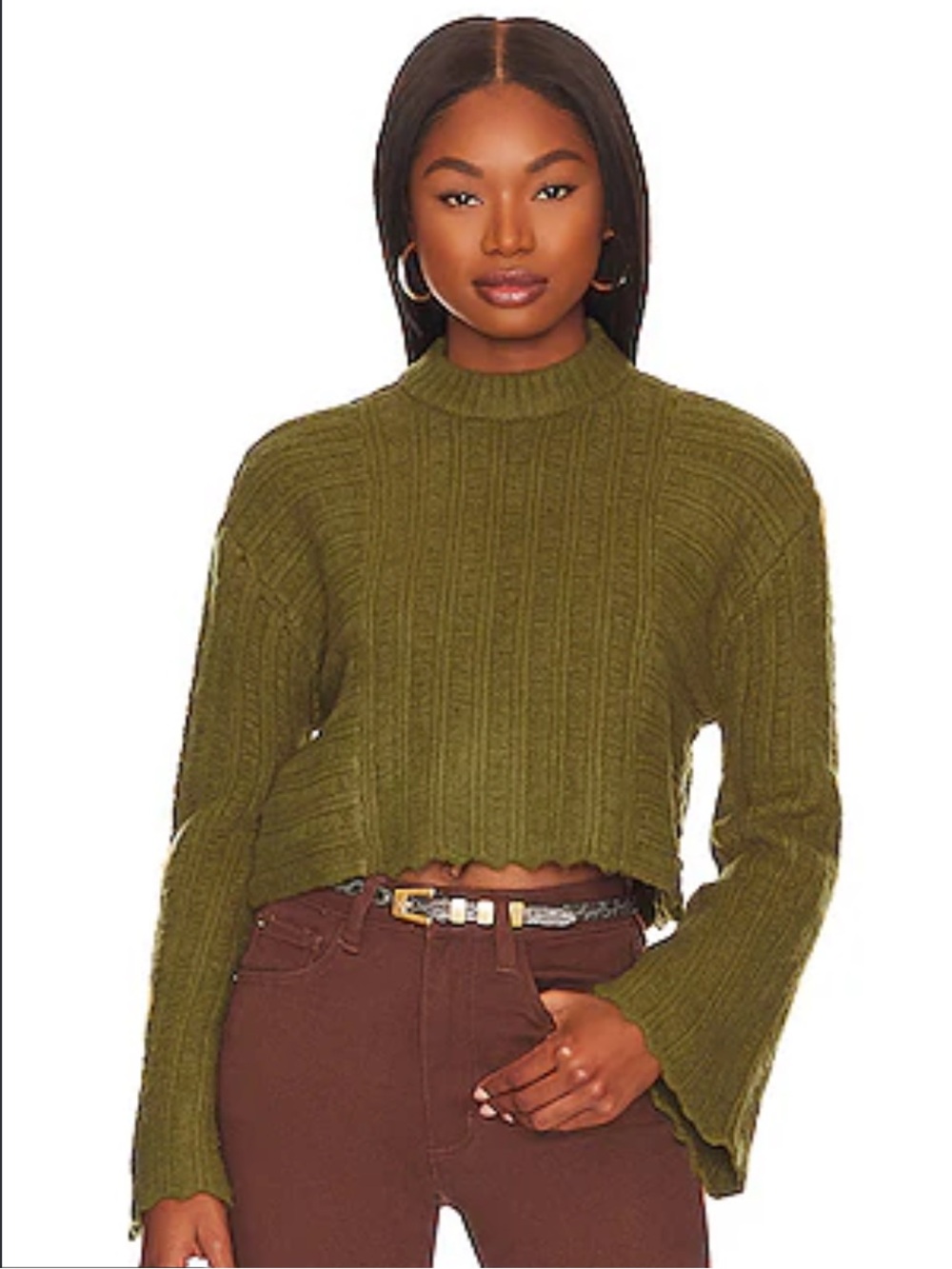 House of Harlow 1960 Olive Green Cropped Cable Knit Turtleneck Sweater